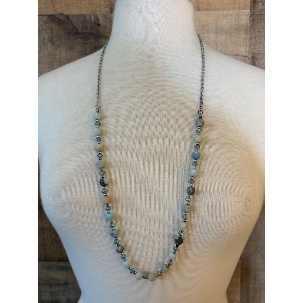 Blue Grey Natural Stone Beaded Long Station Necklace Silver Tone Adjustable